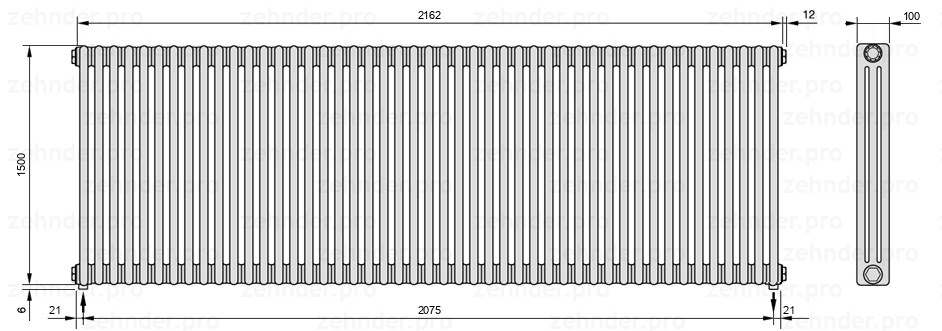Схема (чертеж) Радиатор Zehnder Charleston 3150/47 №3570 Белый глянцевый RAL 9016